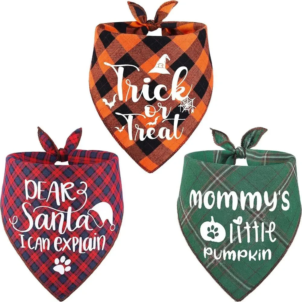 3 Pack Holiday Dog Bandanas Halloween Thanksgiving Christmas Plaid Pet Scarf‎
